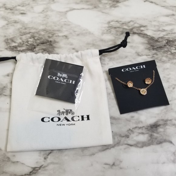 Coach Womens Gold Pleated Open Circle Necklace And Tea Rose Stud Earrings Set - Picture 1 of 8